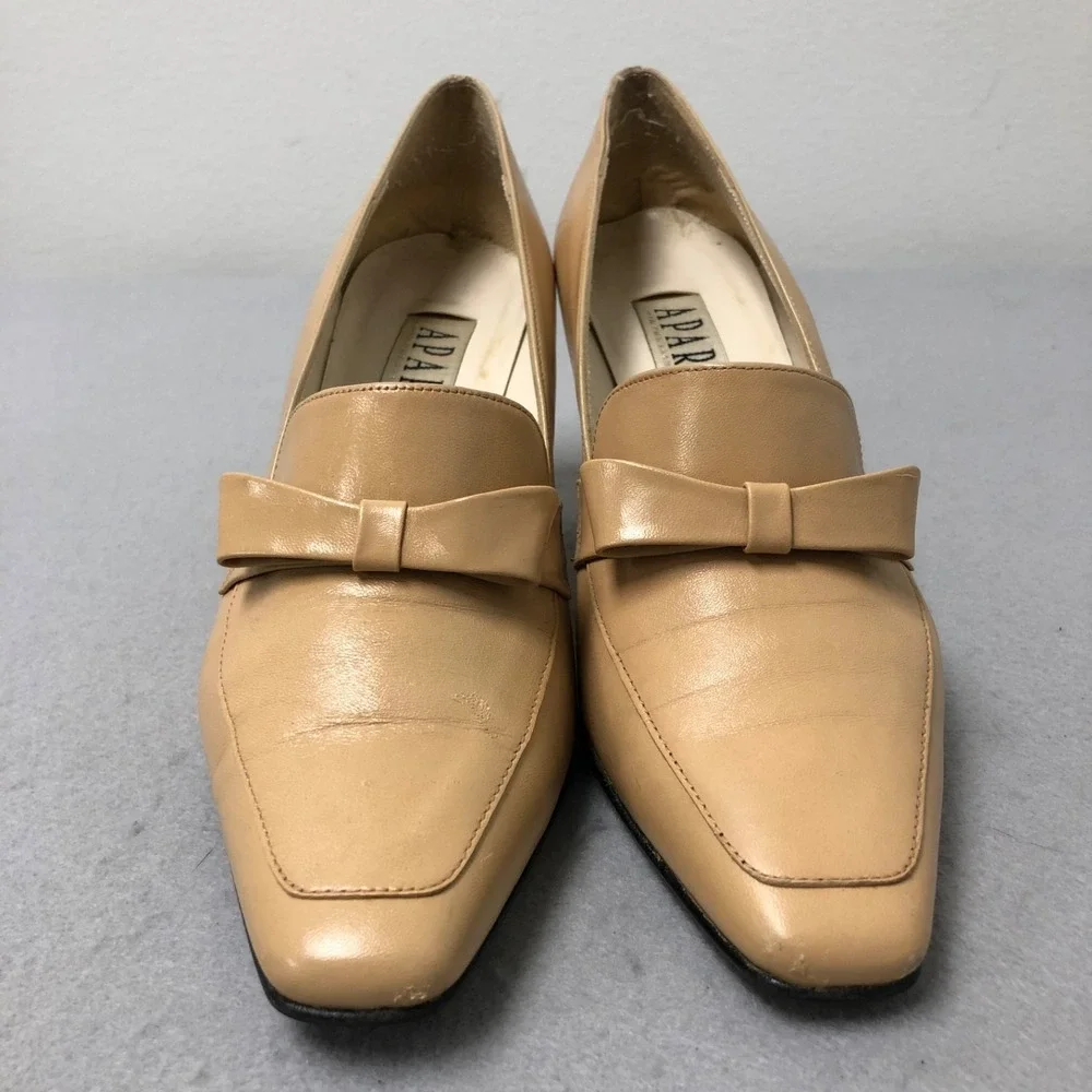 Vintage Apart Leather Pumps Womens 8.5 Beige Bow‎ Square Toe Business Career